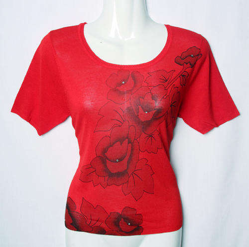 Womens lightweight red sweater top with flowers and diamante details