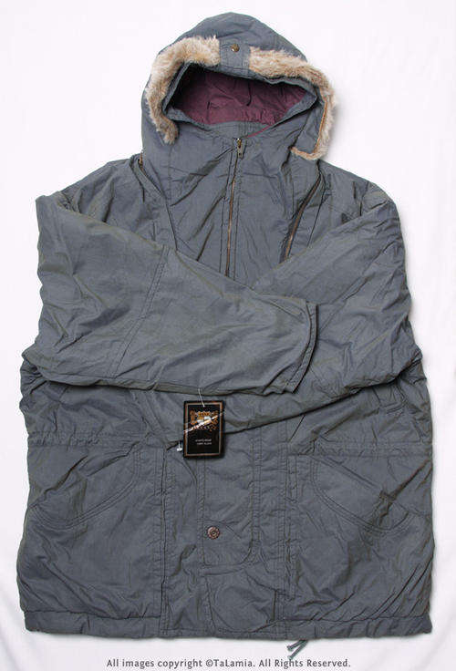 Unisex warm padded WOOL slate grey jacket with faux fur trim on hoodie