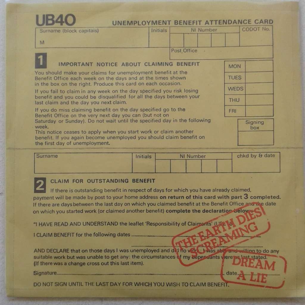 VINYL - UB40 - The Earth Dies Screaming / Dream A Lie (45 RPM 7 inch UK release) (1980)