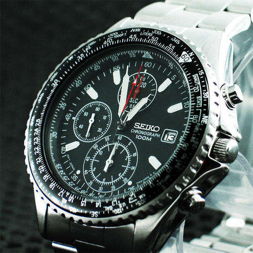 Seiko Black Flightmaster Pilot 100m Chrono watch + Seiko Box