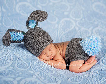 Bunny Blue Beanie and Diaper cover set 0-3months