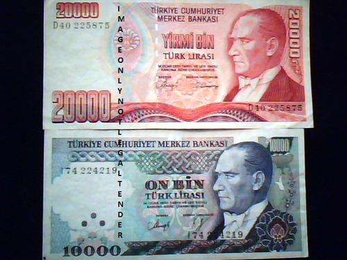 Lot of 2 obsolete Turkey notes Uncirculated 20000 and 10000 Turk Lirasi