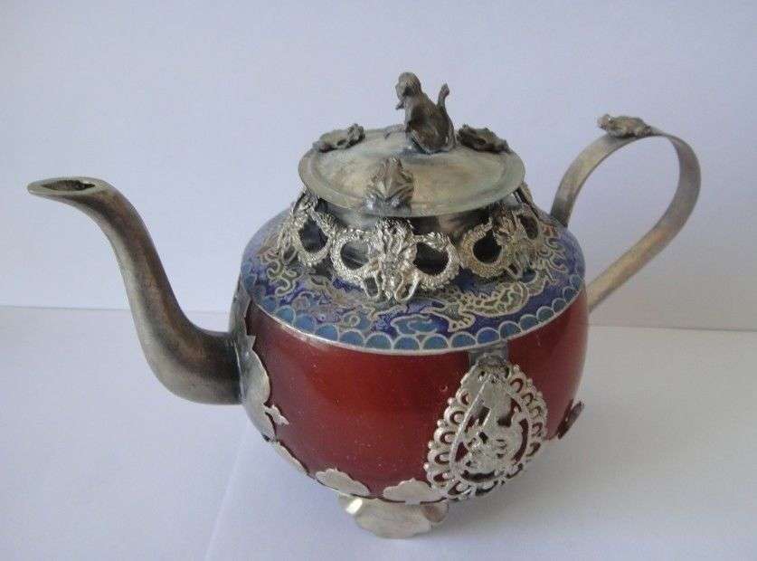 Vintage Chinese handwork tibet-silver carving dragon red jade teapot monkey lid