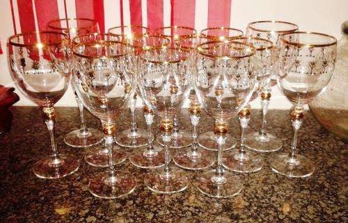 Vintage French Made Matching 6 Champagne glasses and 8 Wine Glasses Gold overlay and decorations