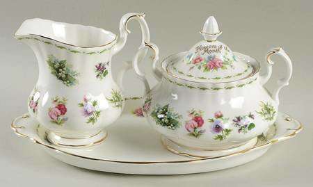 ULTRA Rare Royal Albert Flowers of The Month Lidded Sugar Bowl, Creamer and Regal Tray !