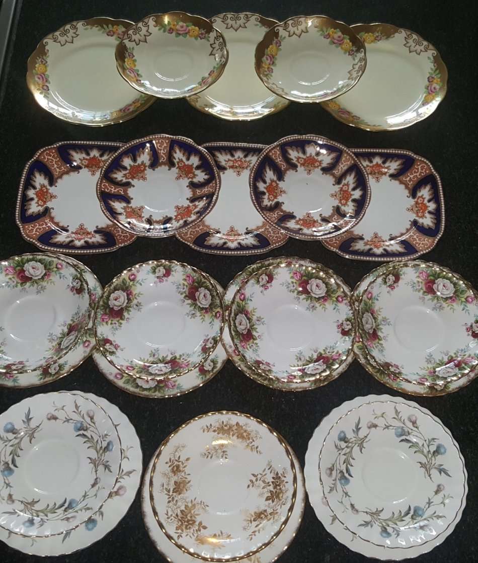 Royal Albert Lot of 24 Perfect Saucers & Side plates incl 1927 Cambridge , Celebration, Royalty Gold