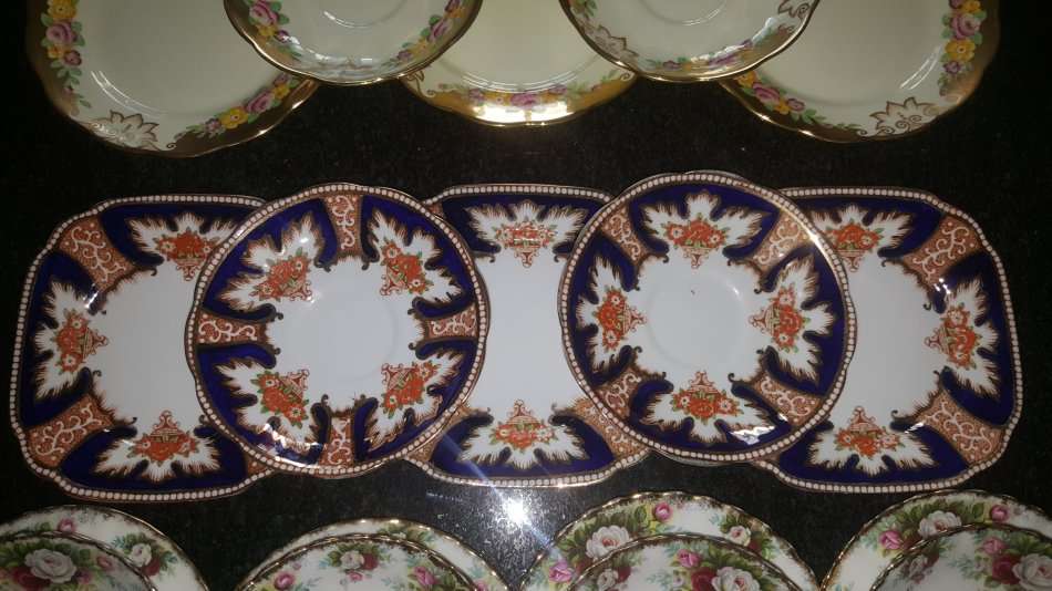 Royal Albert Lot of 24 Perfect Saucers & Side plates incl 1927 Cambridge , Celebration, Royalty Gold