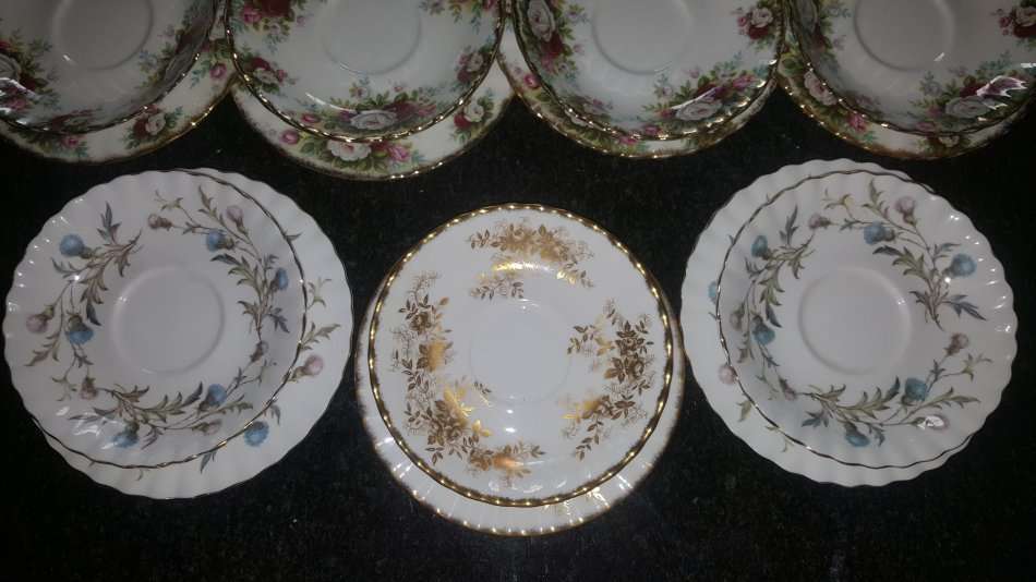 Royal Albert Lot of 24 Perfect Saucers & Side plates incl 1927 Cambridge , Celebration, Royalty Gold