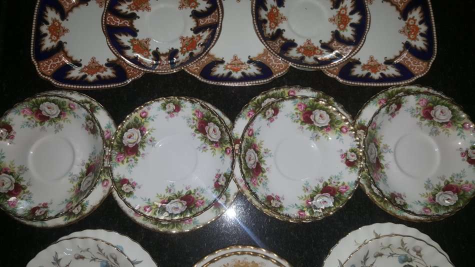 Royal Albert Lot of 24 Perfect Saucers & Side plates incl 1927 Cambridge , Celebration, Royalty Gold
