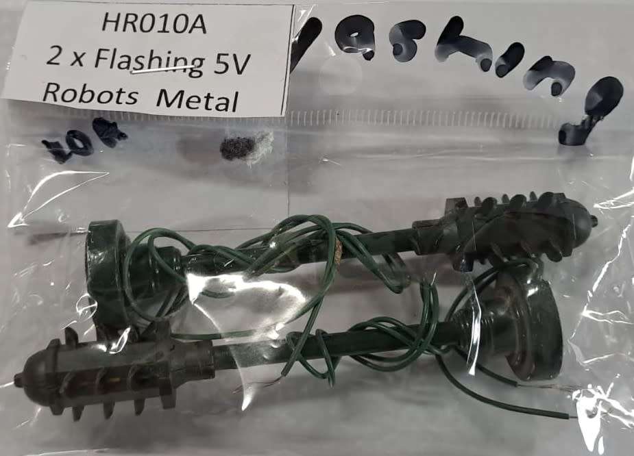 Model Trains 2 x Metal Robots 5V Flashing not HO 90mm high.