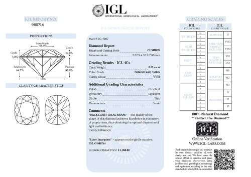 Certified 0.53 Fancy Yellow VVS2 Cushion  Natural Diamond