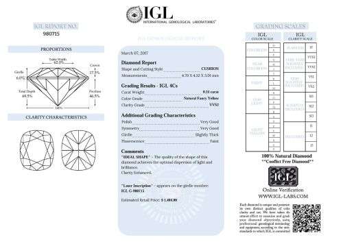 Certified 0.55Ct Fancy Yellow VVS2 Cushion Natural   Diamond 4.7x4.32mm VG VG