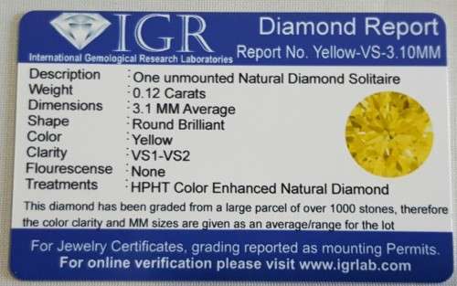 CERTIFIED 0.12CTS YELLOW DIAMOND