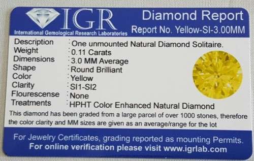 CERTIFIED 0.11CTS YELLOW DIAMOND
