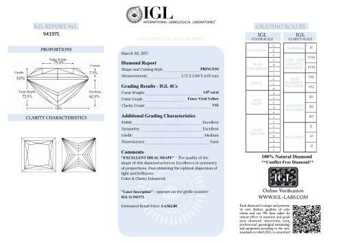 Certified 1.07 Vivid Yellow VS1 Princess Natural  Diamond 5.72x5.69mm EX EX