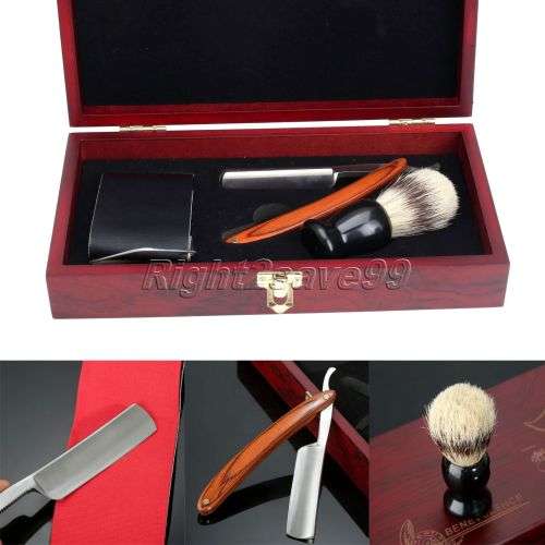 Straight Razor Shaving Brush and leather Strop in wooden box