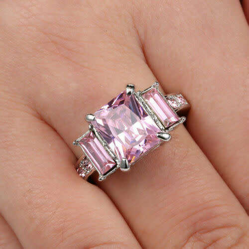 Pink Emerald Cut Sapphire Ring  Rhodium Plated Wedding Engagement Jewelry