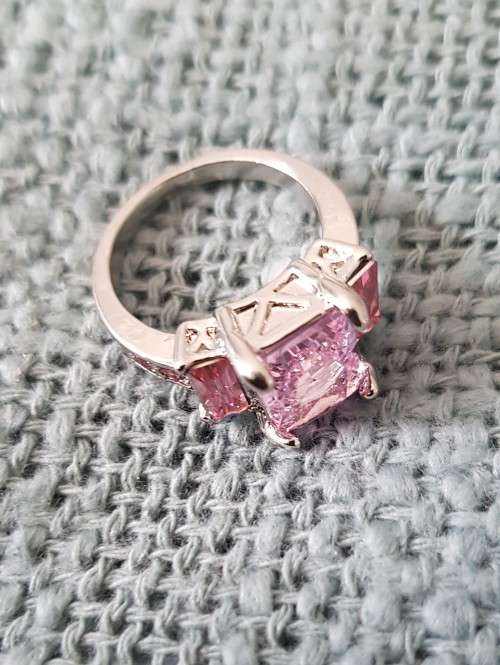 Pink Emerald Cut Sapphire Ring  Rhodium Plated Wedding Engagement Jewelry