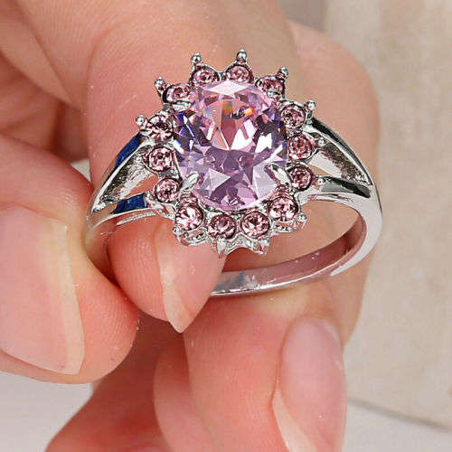 Pink Oval Sapphire Ring  Rhodium Plated Wedding Engagement Jewelry