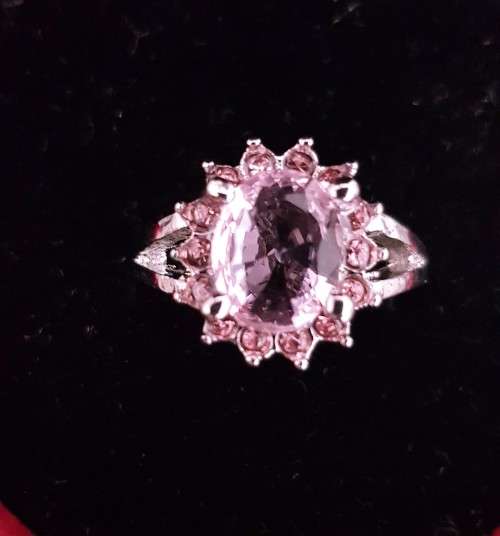 Pink Oval Sapphire Ring  Rhodium Plated Wedding Engagement Jewelry