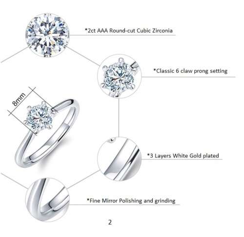 Classic Six Claw 2 Carat AAA Zircon Wedding Ring for Women White Gold Plated