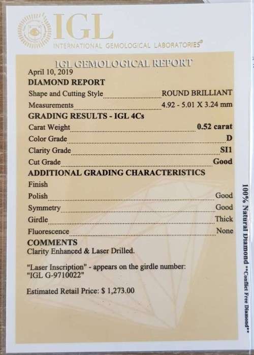 Certified Diamond 0.52cts D/SI1 Round Brilliant