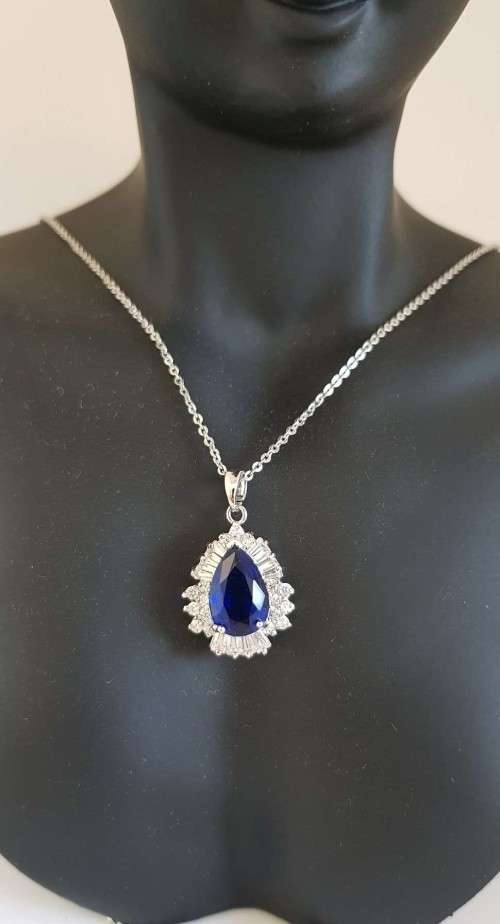 Sapphire Swarovski Crystals  Necklace 18K White Gold Plated