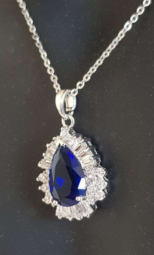 Sapphire Swarovski Crystals  Necklace 18K White Gold Plated