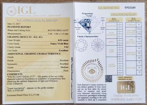 "CERTIFIED" Diamond  0.51Cts  VS2 Round Vivid Blue Loose Natural Diamond