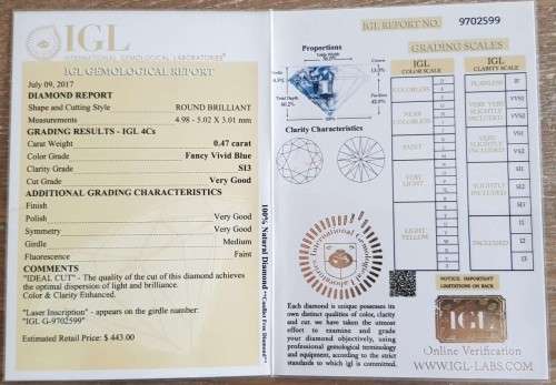 "CERTIFIED" Diamond  0.47Cts  Round Vivid Blue Loose Natural Diamond