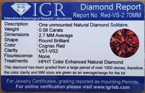 Diamond Round 0.08Cts  2.7 MM VS1 Cognac Red Loose CERTIFIED Diamond