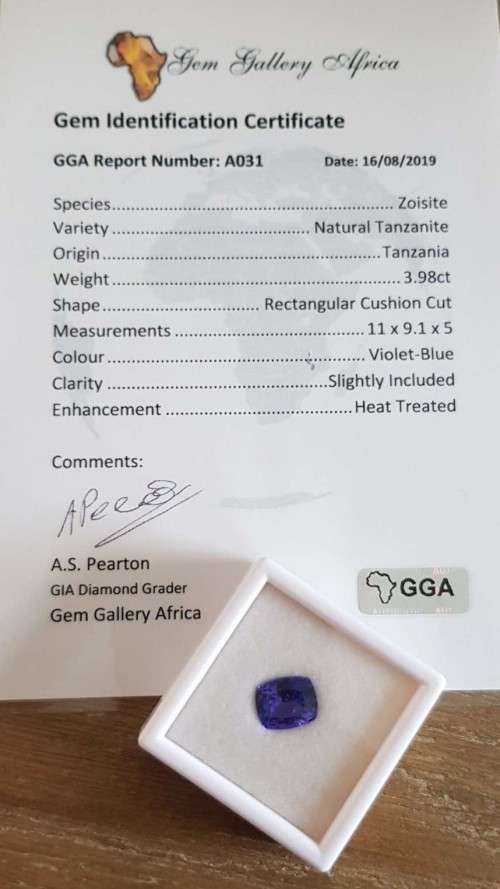 3.98Ct. Tanzanite Cushion Cut   Violet Blue **Certified**Very Good Color! Natural
