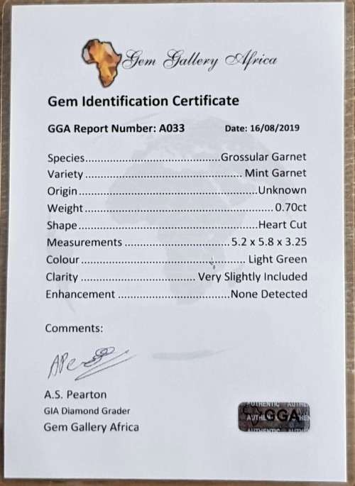 Mint Garnet 0.70Cts Heart Cut **Grossular garnet** Certified Top Green  Tanzania