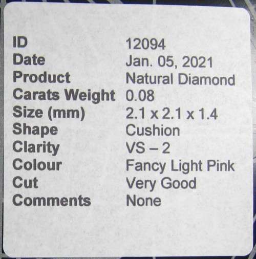 Certified Argyle Mine 0.08Ct VS2 Light Pink Cushion Natural Diamond