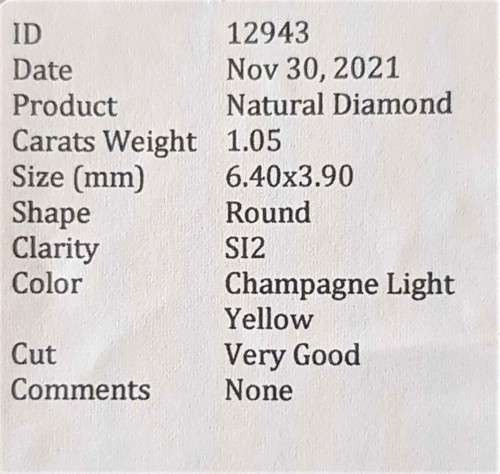 1.05Ct Certified SI Champagne Sparky Light Yellow Round Natural Diamond