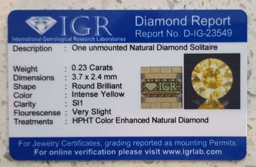 0.23 cts. CERTIFIED  Diamond Round SI1 Intense Yellow Colour  Natural