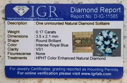 0.17 cts. CERTIFIED  Diamond Round Cut VS1 Royal Blue Natural