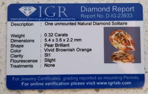 0.32 cts. CERTIFIED Pear Cut SI1 Vivid Brown Orange Loose Natural Diamond