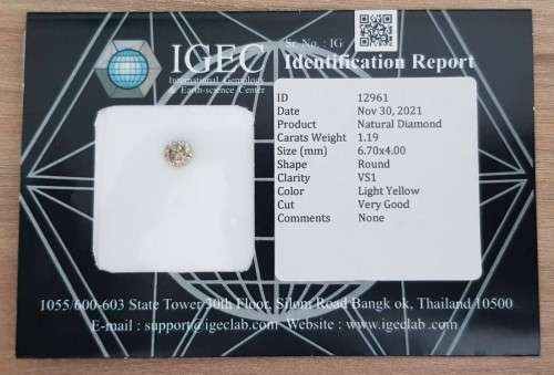 1.19Cts DIAMOND ROUND CUT VSI LIGHT YELLOW `CERTIFIED` SPARKLING  COLOR NATURAL