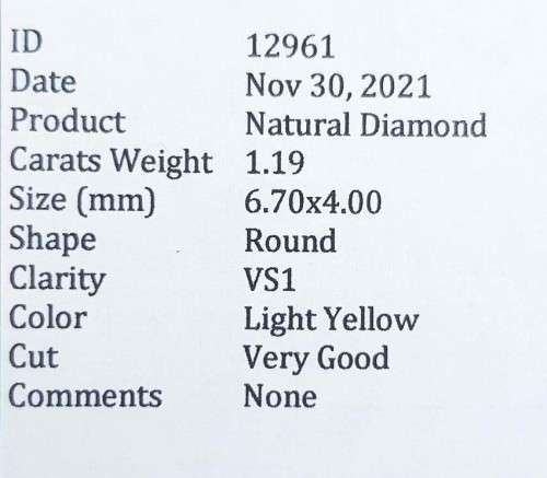 1.19Cts DIAMOND ROUND CUT VSI LIGHT YELLOW `CERTIFIED` SPARKLING  COLOR NATURAL