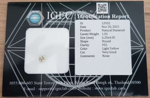 1.03Cts DIAMOND ROUND CUT VS2 LIGHT YELLOW `CERTIFIED` SPARKLING  COLOR NATURAL