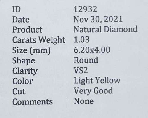 1.03Cts DIAMOND ROUND CUT VS2 LIGHT YELLOW `CERTIFIED` SPARKLING  COLOR NATURAL
