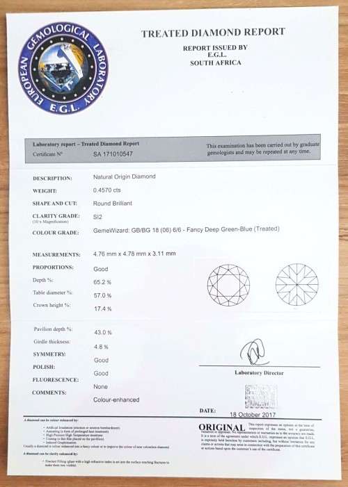 0.4570Cts  **CERTIFIED** EGL ROUND DIAMOND  SPARKLING BLUE NATURAL