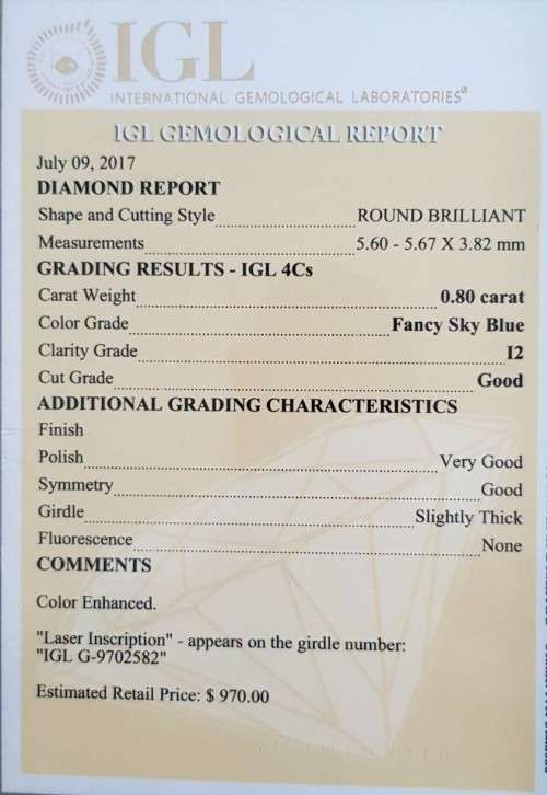 Diamond  0.80Cts  Round *CERTIFIED* Sky Blue Loose Natural Diamond