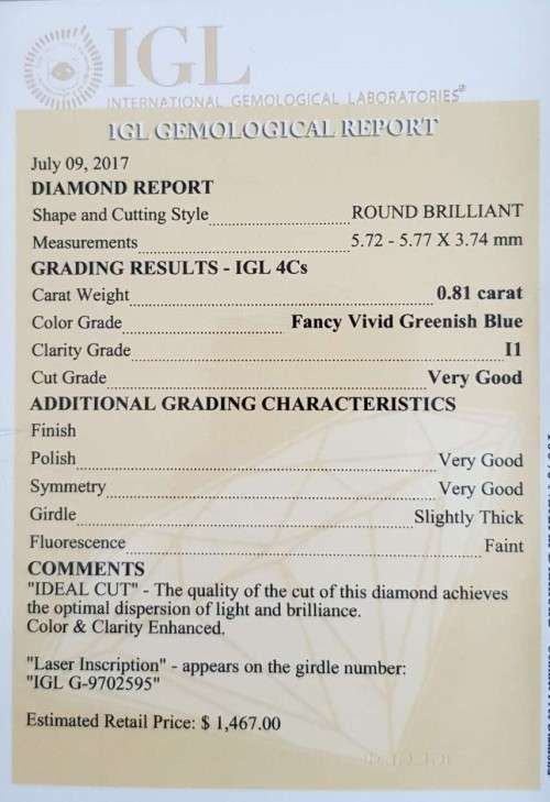 *CERTIFIED* Diamond  0.81Cts  Round Vivid Greenish Blue Loose Natural Diamond