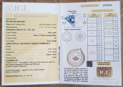 *CERTIFIED* Diamond  0.81Cts  Round Vivid Greenish Blue Loose Natural Diamond