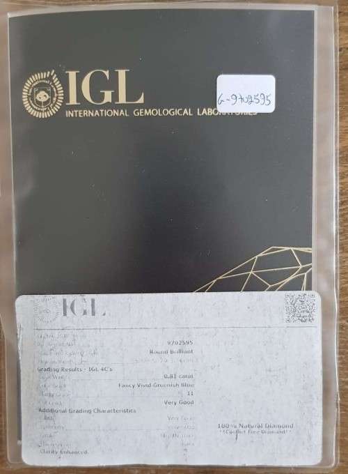 *CERTIFIED* Diamond  0.81Cts  Round Vivid Greenish Blue Loose Natural Diamond