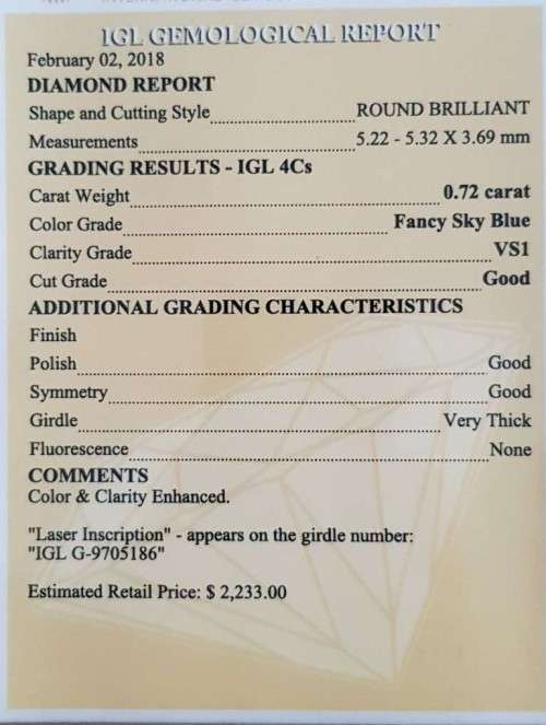 *CERTIFIED* Diamond  0.72Cts  Round Sky Blue Loose Natural Diamond