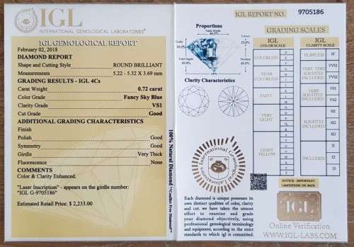 *CERTIFIED* Diamond  0.72Cts  Round Sky Blue Loose Natural Diamond