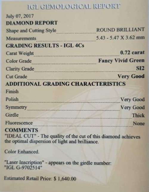 *CERTIFIED* Diamond  0.72Cts  Round Vivid Green/Blue Loose Natural Diamond